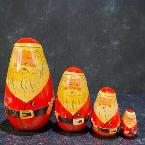 Vintage Wooden Santa Claus Nesting Doll Matryoshka Stocking Doll 4 Pcs Hand Made